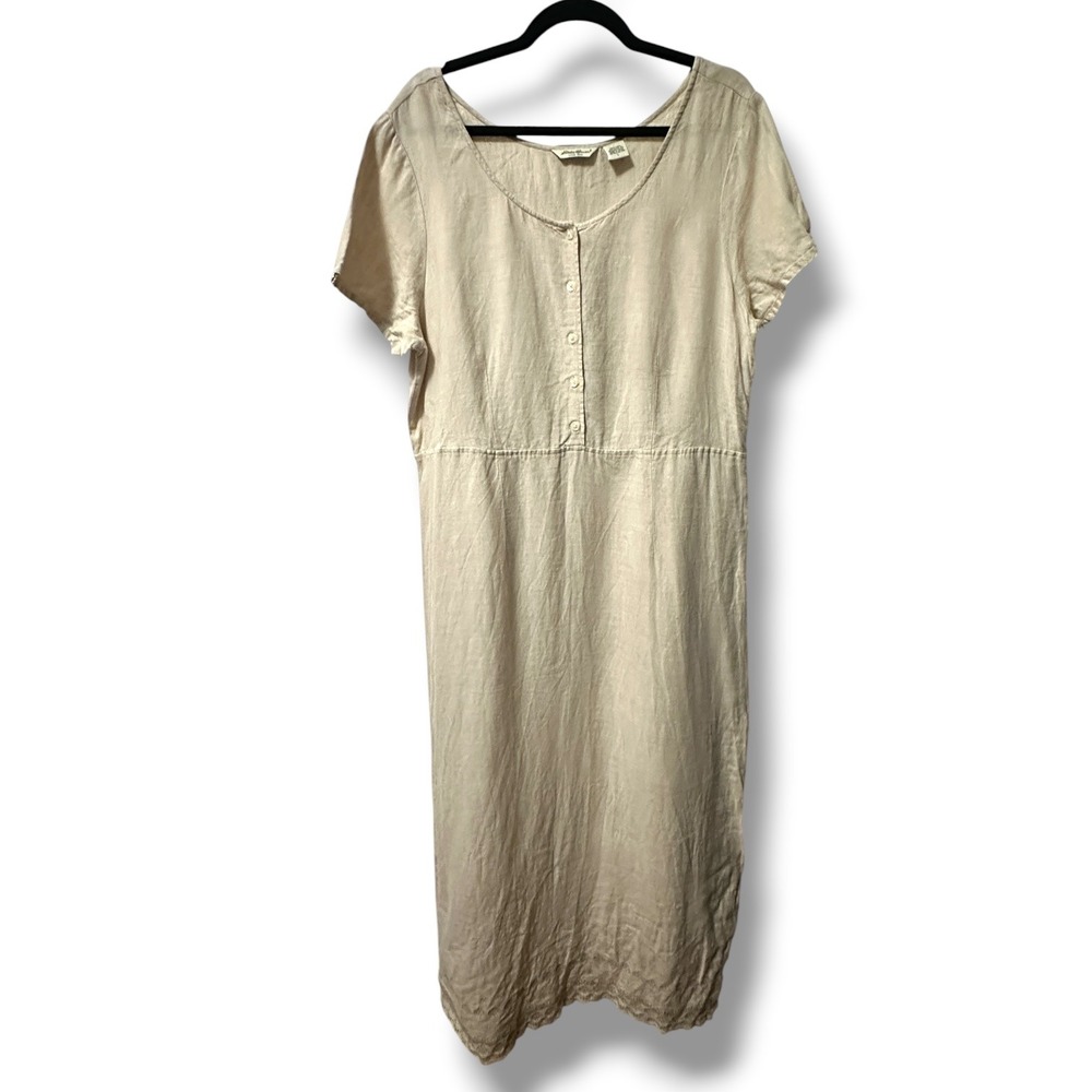 Eddie Bauer Beige 100% Linen Eyelet Button Front Midi Dress L Neutral Lagenlook